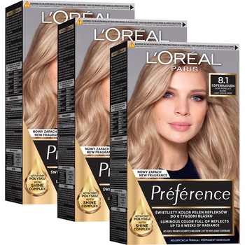 Pachet promo: 3 x Vopsea de par permanenta cu amoniac L'Oreal Paris Preference 8.1 Copenhague, 174 ml Pachet promo: 3 x Vopsea de par permanenta cu amoniac L'Oreal Paris Preference 8.1 Copenhague, 174 ml
