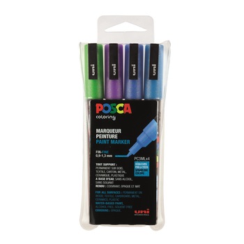 Set carioci Posca, PC3M, Fine Tip Pen, Glitter Blue, Multicolor, 4 bucati Set carioci Posca, PC3M, Fine Tip Pen, Glitter Blue, Multicolor, 4 bucati