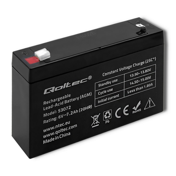 Батерия Qoltec, AGM, 6V, 7.2Ah, Черен