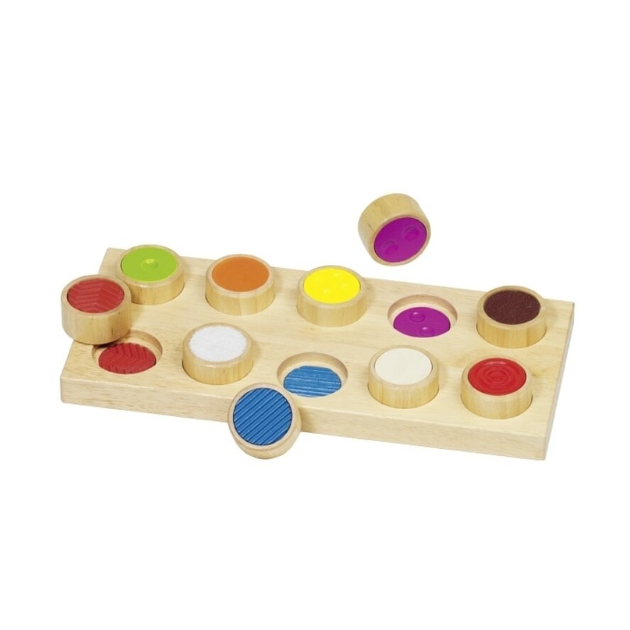 Set educativ tactil - Gaseste perechea, multicolor, 20 de piese, lemn 29 x 13 x 3,5 cm