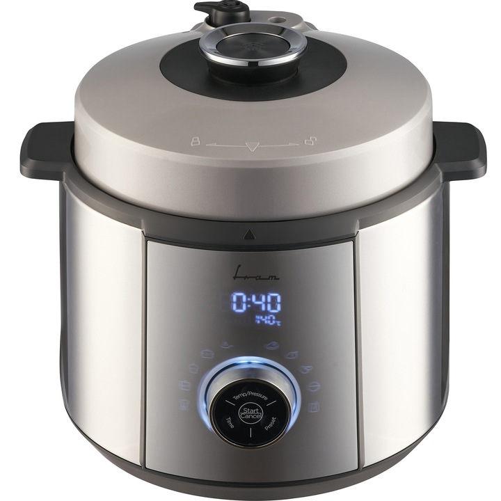 Multicooker cu gatire la presiune FRAM FPCK-R57IX, 1100W, 3.7L, presiune max 0.8bar, 10 programe, Argintiu