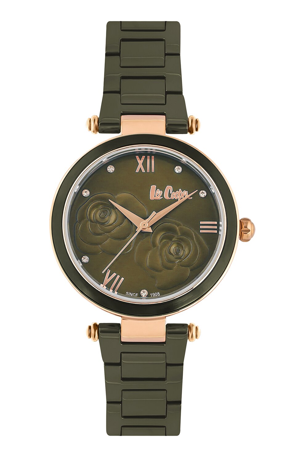 Lee Cooper, Ceas quartz cu bratara cu otel inoxidabil, verde militar, auriu rose