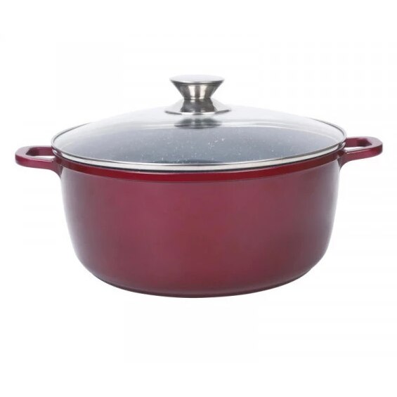 Cratita din Aluminiu, Capac din Sticla, Manere din Aluminiu, Capacitate 9L, Ergonomica, Rotunda, Rosu