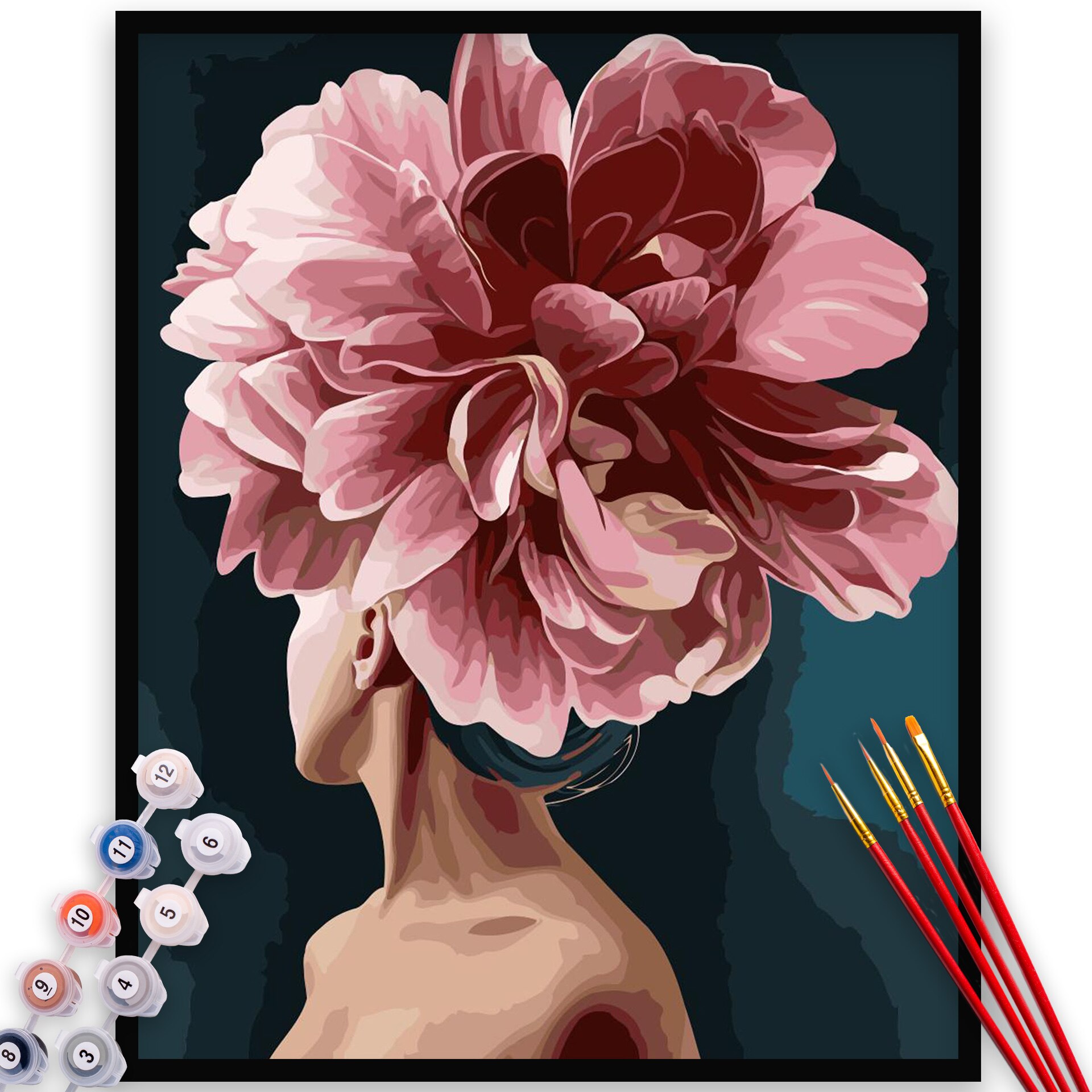 Kit Pictura pe numere, panza, rama lemn, pensule si culori acrilice, 40x50 cm, Flori, M729