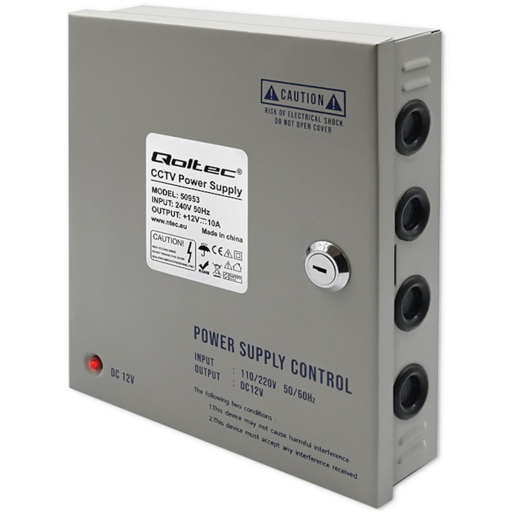Sursa de Alimentare Comutata Qoltec, 12V DC, 10A, 120W, 9 Canale, cu Protectie Suprasarcina Supratensiune Scurtcircuit, Montaj pe Perete, IP20, pentru Benzi LED, Camere de Supraveghere si Sisteme DVR/NVR