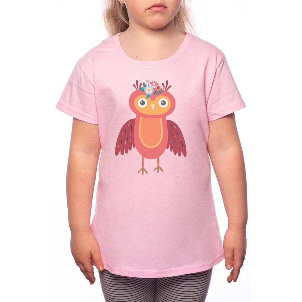 Tricou Fetita, Owl With Flower, 100% Bumbac, W161, Roz