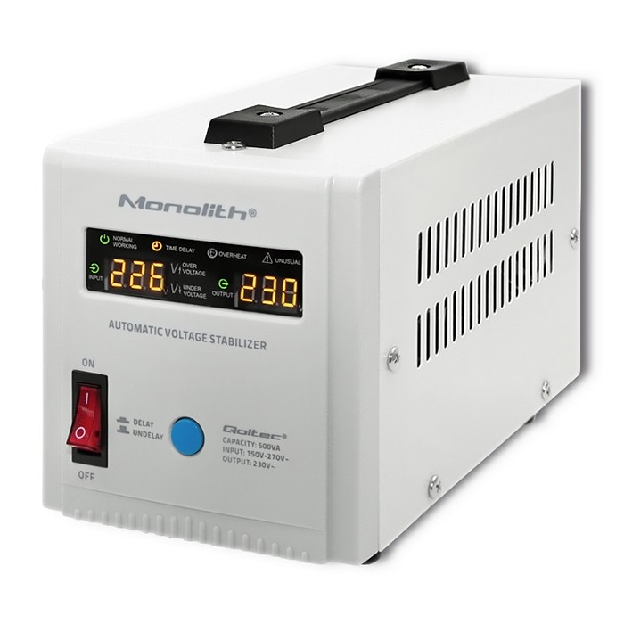 Stabilizator automat de tensiune AVR, 500VA, Qoltec, Alb