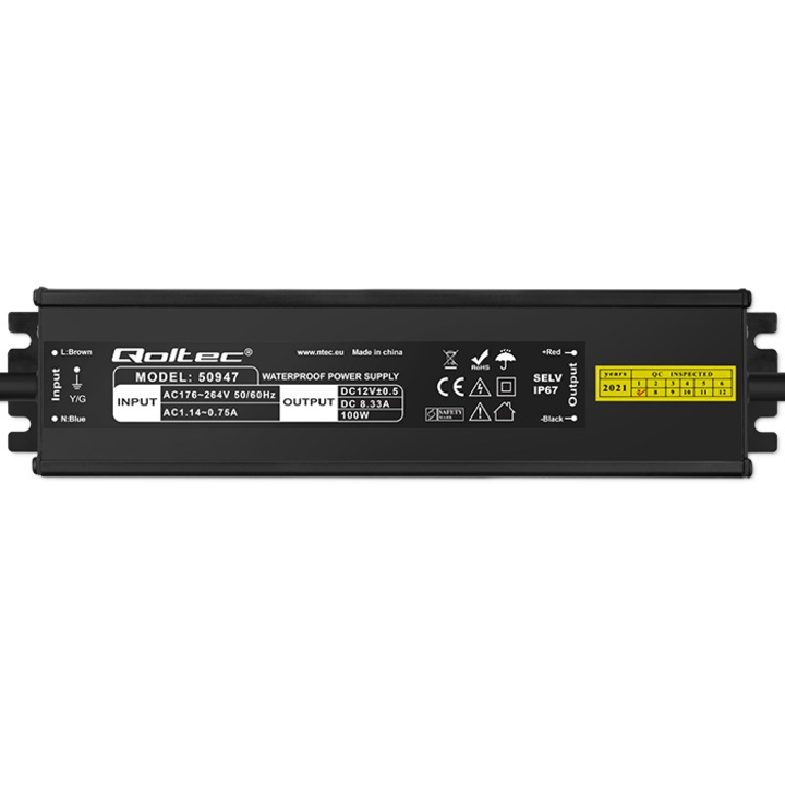 Sursa de Alimentare Comutata LED Qoltec 100W 12V 8.3A IP67, Transformator Profesional Rezistent la Apa pentru Banda LED si Iluminat Exterior, Protectie Avansata