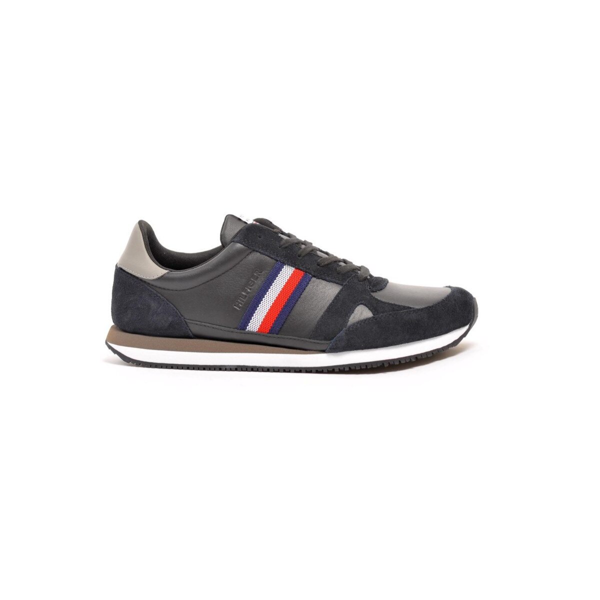 Pantofi sport barbati, Tommy Hilfiger, Runner Lo Leather Stripes, Piele naturala, Negru, 41 EU