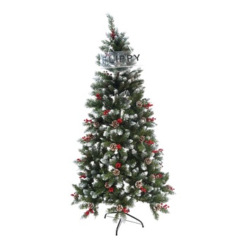 Brad artificial de Craciun nins, decorat cu 37 conuri pin rosii, pentru perete/colt, inaltime 180 cm, diametru 95 cm, 463 ramuri, Flippy, verde, suport metalic inclus Brad artificial de Craciun nins, decorat cu 37 conuri pin rosii, pentru perete/colt, inaltime 180 cm, diametru 95 cm, 463 ramuri, Flippy, verde, suport metalic inclus