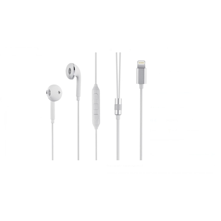 Слушалки Lightning, съвместими с Apple iPhone, за поставяне в ушите, с бутон за включване/изключване и звук, бели, JMB-BBL3125