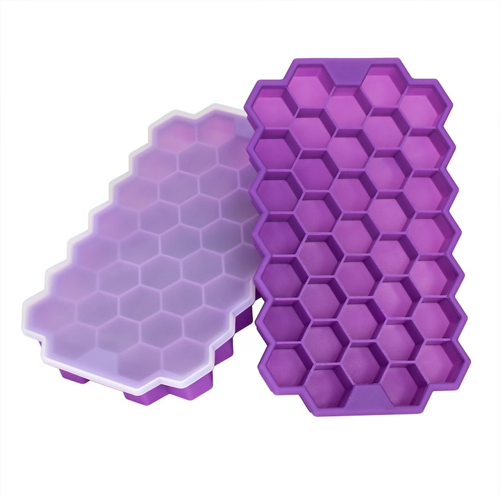 Set 2 tavi din silicon pentru gheata amXea HONEY Mov, forma hexagon, 37 cuburi gheata, capac