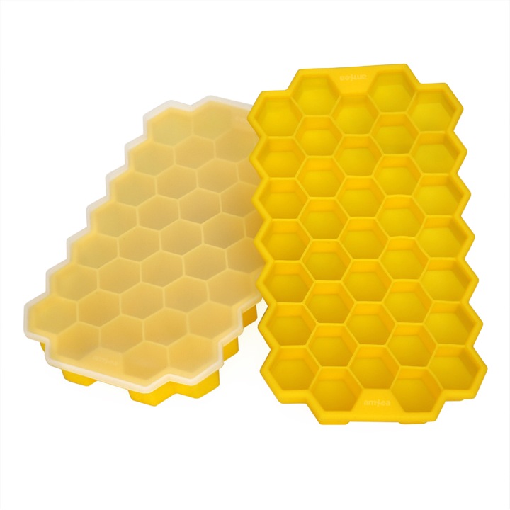 Set 2 tavi din silicon pentru gheata amXea HONEY Galben, forma hexagon, 37 cuburi gheata, capac