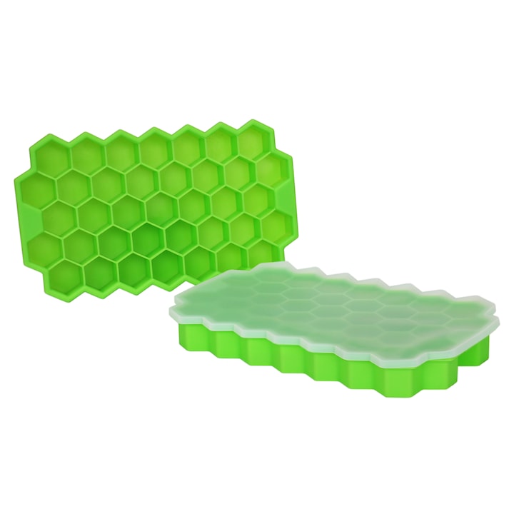 Set 2 tavi din silicon pentru gheata amXea HONEY Verde, forma hexagon, 37 cuburi gheata, capac