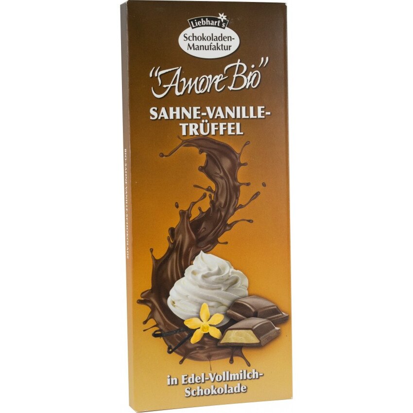 Ciocolata bio cu lapte umpluta cu frisca,vanilie si trufe, 100g Liebhart's amore bio