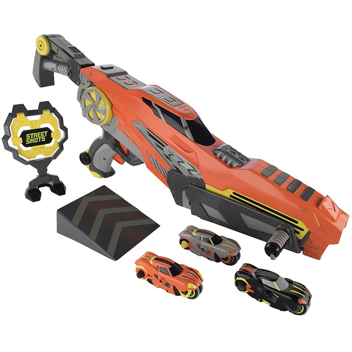 Set blaster si carucior de lansare, Chippo, Exost Xtreme Blaster, Gri/Portocaliu, 60 cm