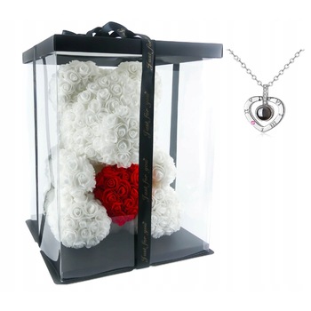 Set Ursulet din flori, Trandafiri, 40 cm, Alb/Rosu si lantisor cu pandantiv prin care se proiecteaza  Set Ursulet din flori, Trandafiri, 40 cm, Alb/Rosu si lantisor cu pandantiv prin care se proiecteaza