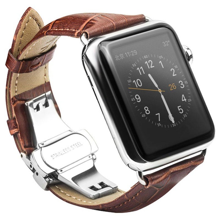 Curea pentru Apple Watch, Piele Naturala, Leather Loop, Compatibila cu Apple Watch 1/2/3/4/5/6/7/SE, Brown, Mecanism inchidere Butterfly, 38mm