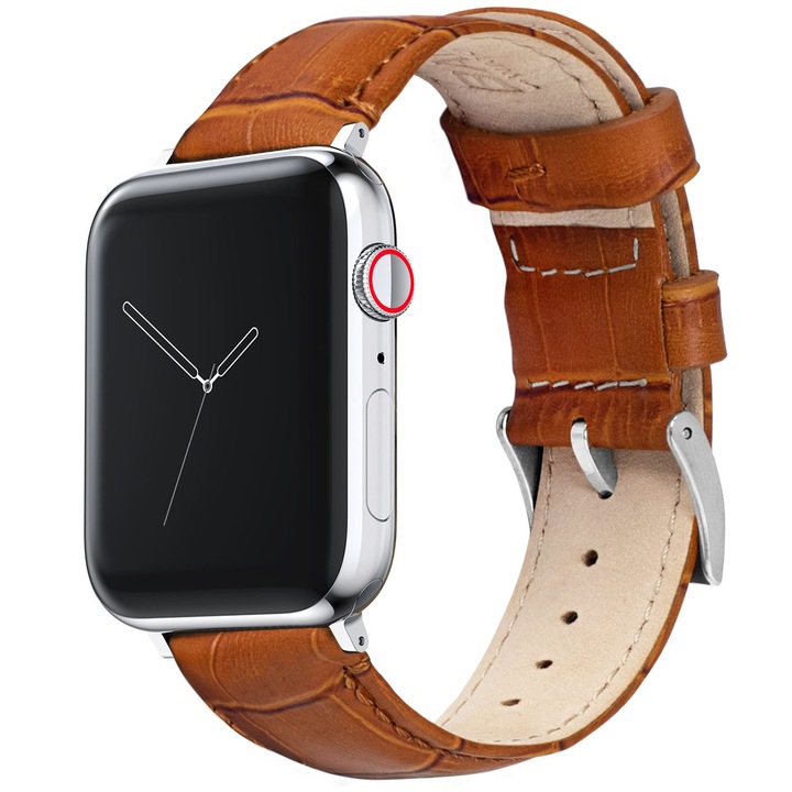 Curea pentru Apple Watch, Piele Naturala, Leather Loop, Compatibila cu Apple Watch 1/2/3/4/5/6/7/SE Light, Brown, Accente Argintii 44 mm