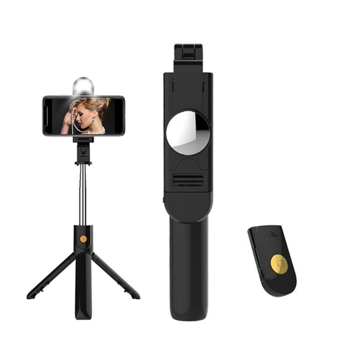 Selfie Stick, Trepied, Suport telefon, 4 in 1, Bluetooth, telecomanda detasabila, lumina puternica calda si rece, rotire la 360°