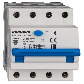 Siguranta automata diferentiala 3P+N 25A 30mA, curba B, tip A, Schrack Amparo, AK668825 B25 Siguranta automata diferentiala 3P+N 25A 30mA, curba B, tip A, Schrack Amparo, AK668825 B25