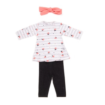 Compleu fete Babybol, rochie, colanti si bandana, bumbac, Alb/Gri Compleu fete Babybol, rochie, colanti si bandana, bumbac, Alb/Gri