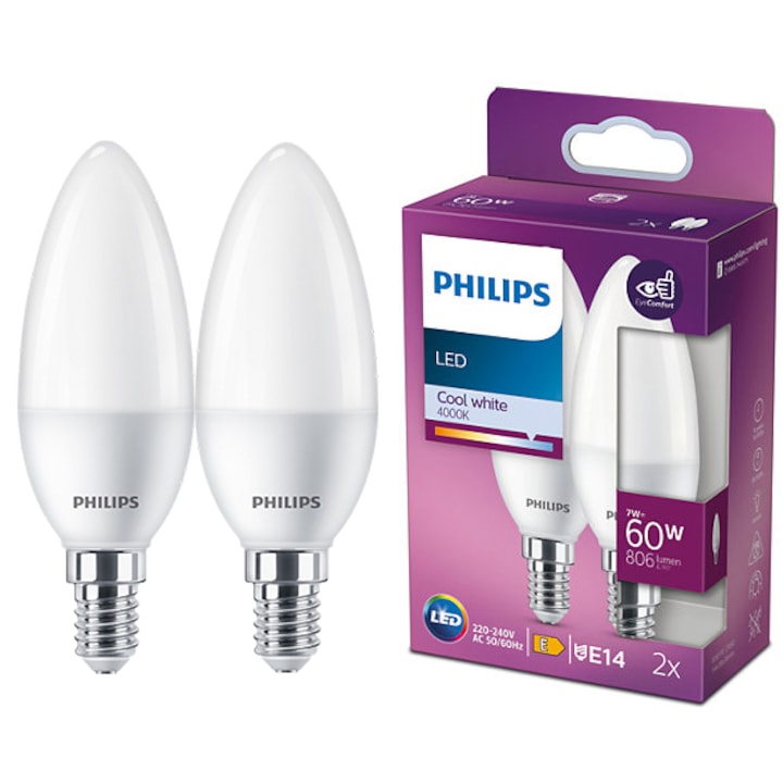 Pachet 2 becuri LED Philips B38, E14, 7W (60W), 806 lm, lumina alba rece (4000K), clasa energetica E