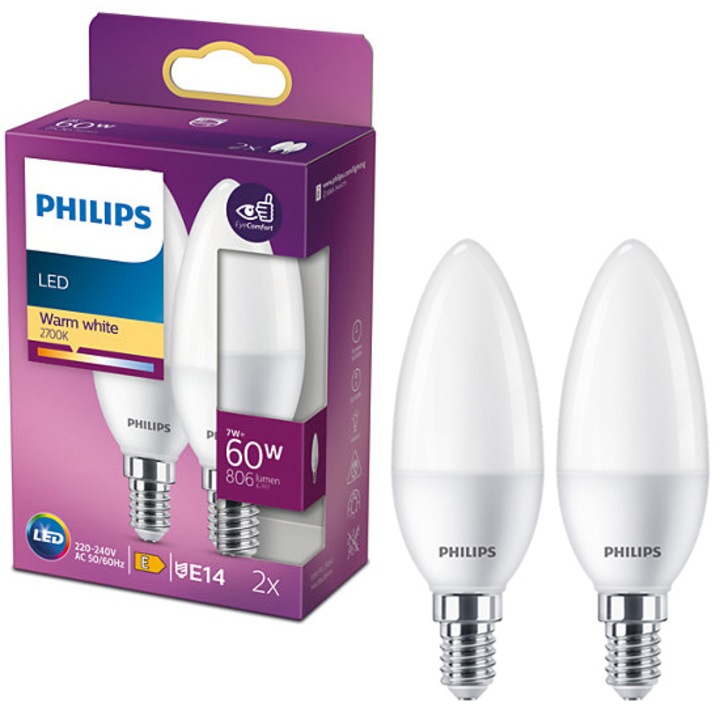 Pachet 2 becuri LED Philips, tip lumanre/lustra, EyeComfort, E14, 7W (60W), 806 lm, lumina alba calda (2700K), clasa energetica E