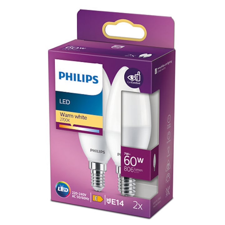 Pachet 2 becuri LED Philips, tip lumanre/lustra, EyeComfort, E14, 7W (60W), 806 lm, lumina alba calda (2700K), clasa energetica E