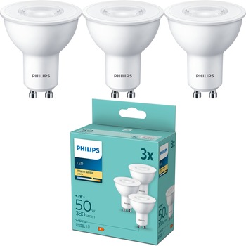 Pachet 3 becuri LED Philips, GU10, 4.7W (50W), 380 lm, lumina alba calda (2700K) Pachet 3 becuri LED Philips, GU10, 4.7W (50W), 380 lm, lumina alba calda (2700K)