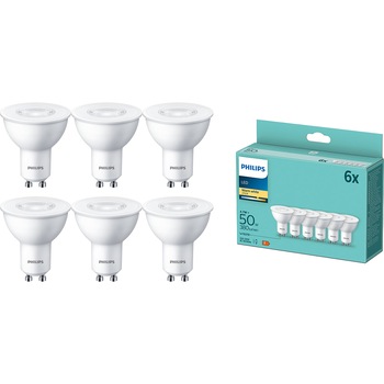 Pachet 6 becuri LED Philips, GU10, 4.7W (50W), 380 lm, lumina alba calda (2700K) Pachet 6 becuri LED Philips, GU10, 4.7W (50W), 380 lm, lumina alba calda (2700K)