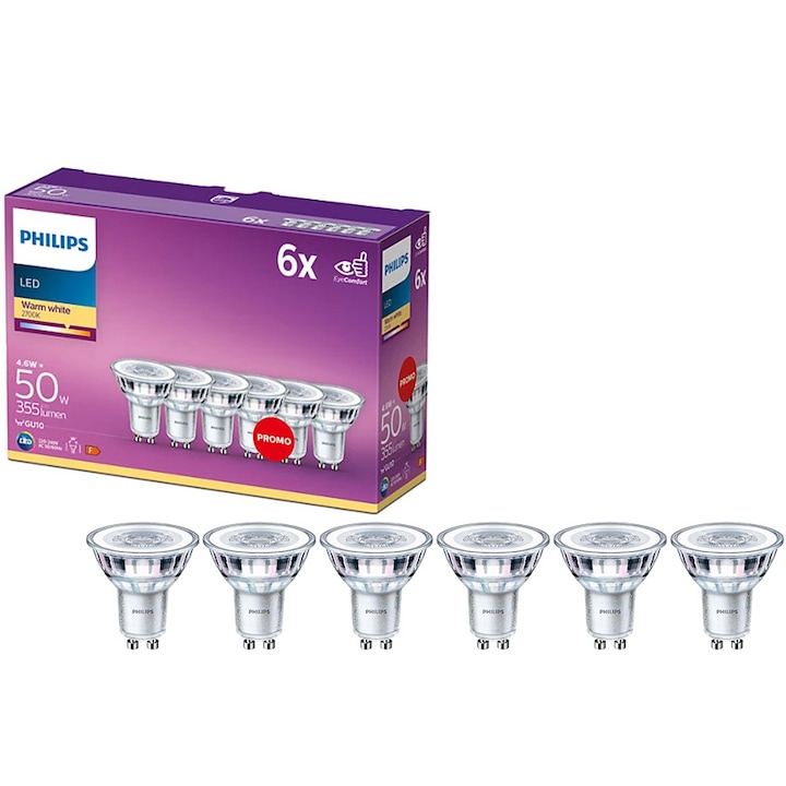 Комплект от 6 LED крушки Philips, GU10, 4.7W (50W), 380 лумена, Топла бяла светлина (2700K), Енергиен клас F