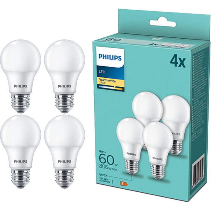 Pachet 4 becuri LED Philips A60, E27, 8W (60W), 806 lm, lumina alba calda (2700K), clasa energetica F