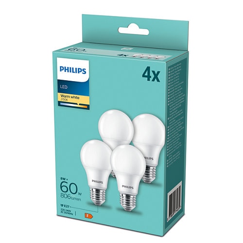 Pachet 4 becuri LED Philips A60, E27, 8W (60W), 806 lm, lumina alba calda ( 2700K), clasa energetica F 