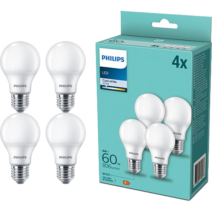 Philips A60 LED izzókészlet, 4 db, E27, 8W (60W), 806 lm, hideg fehér fény (4000K)