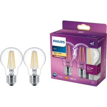 Pachet 2 becuri LED vintage Philips Classic A60, E27, 7W (60W), 806 lm, lumina alba calda (2700K) Pachet 2 becuri LED vintage Philips Classic A60, E27, 7W (60W), 806 lm, lumina alba calda (2700K)