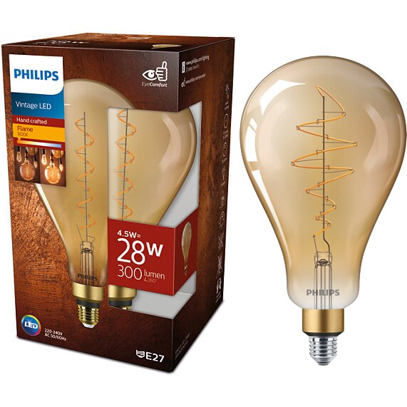 Bec LED vintage Philips Classic-Giant A160, E27, 4.5W (28W), 300 lm, lumina calda tip flacara (1800K), Auriu, 29.3x16.2 cm