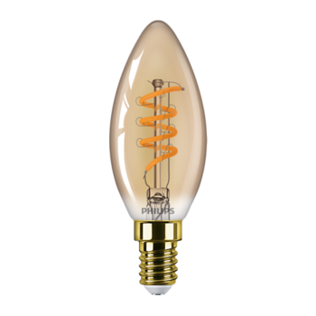 Bec LED vintage Philips Classic B35, intensitate luminosa reglabila (dimabil), E14, 2.5W (15W), 136 lm, lumina calda tip flacara (1800K), Auriu Bec LED vintage Philips Classic B35, intensitate luminosa reglabila (dimabil), E14, 2.5W (15W), 136 lm, lumina calda tip flacara (1800K), Auriu