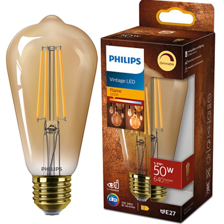 Bec LED vintage Philips ST64, intensitate luminoasa reglabila (dimabil), E27, 5.8W (50W), 640 lm, lumina calda tip flacara (2200K), Auriu, clasa energetica E