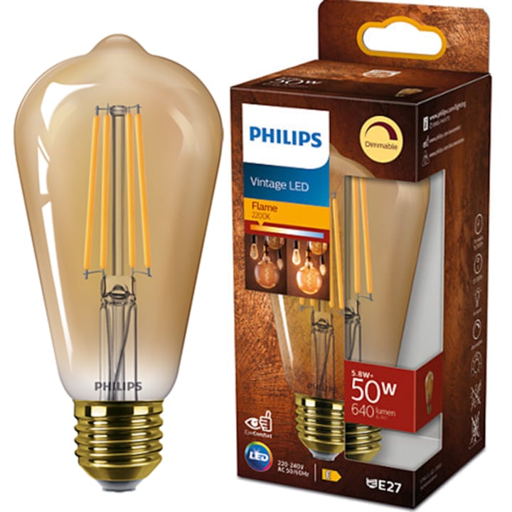 Bec LED vintage Philips ST64, intensitate luminoasa reglabila (dimabil), E27, 5.8W (50W), 640 lm, lumina calda tip flacara (2200K), Auriu, clasa energetica E
