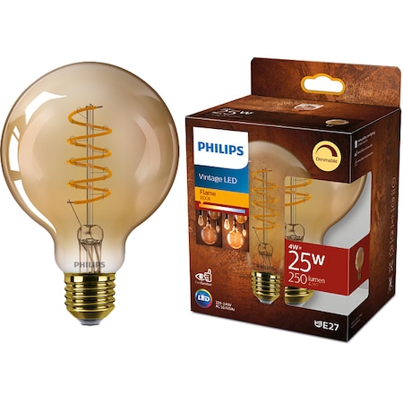 Bec LED vintage Philips G93, intensitate luminoasa reglabila, E27, 4W (25W), 250 lm, lumina calda tip flacara (1800K), Auriu - eMAG.ro
