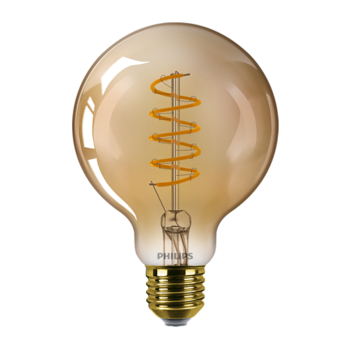 Bec LED vintage Philips Classic G93, intensitate luminoasa reglabila, E27, 4W (25W), 250 lm, lumina calda tip flacara (1800K), Auriu Bec LED vintage Philips Classic G93, intensitate luminoasa reglabila, E27, 4W (25W), 250 lm, lumina calda tip flacara (1800K), Auriu