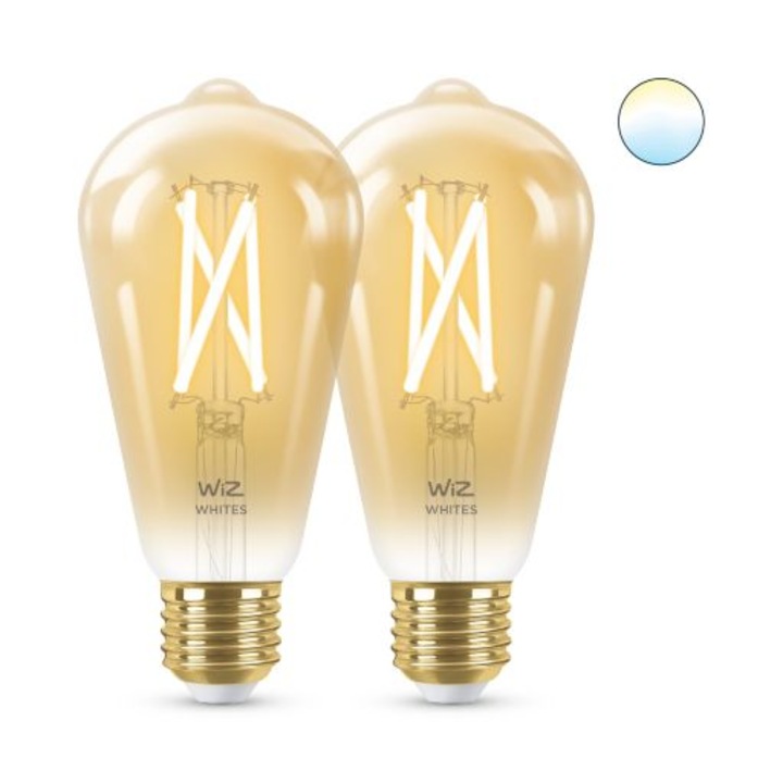 Комплект от 2 смарт LED крушки WiZ Connected, ST64, Wi-Fi + Bluetooth, E27, 6.7W (50W), 640 лумена, Регулируема температура на светлината (2000-5000K), Съвместимост с Google Assistant/Alexa/Siri, Енергиен клас F