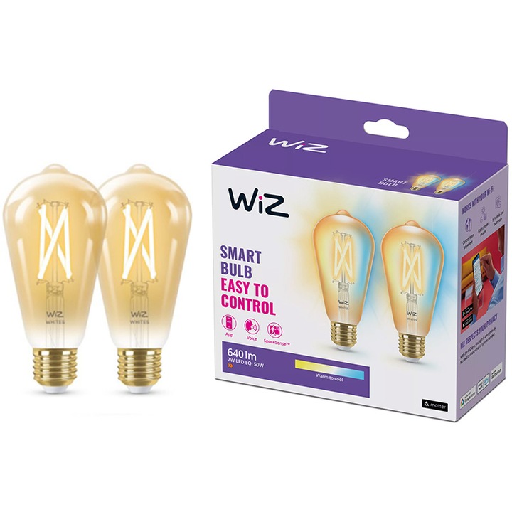 2 db WiZ Connected intelligens LED izzó csomag, ST64, Wi-Fi + Bluetooth, E27, 6,7W (50W), 640 lm, állítható fényhőmérséklet (2000-5000K), kompatibilis Google Assistant / Alexa / Siri