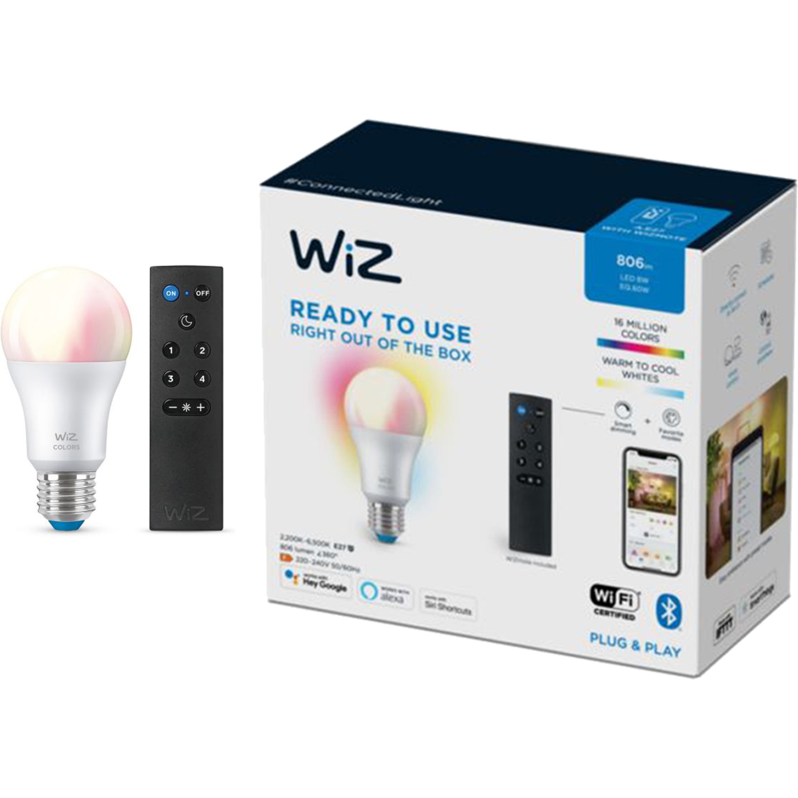Lampadina LED Smart Wi-Fi + Bluetooth E27 A60 RGB+CCT Regolabile WIZ 8W con  Telecomando Smart Wi-Fi WIZ Wizmote RGBCCT