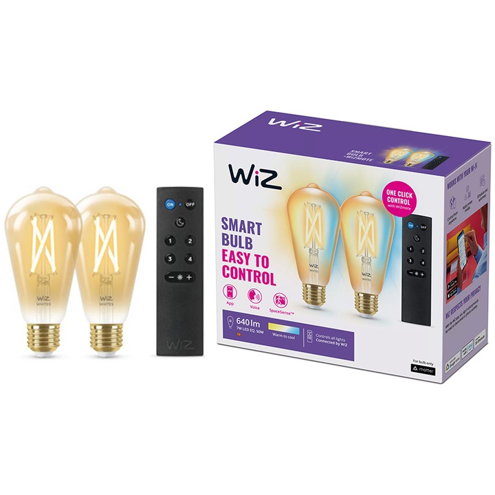Pachet 2 becuri LED vintage inteligente WiZ Connected ST64, Wi-Fi + Bluetooth, E27, 7W (50W), 640 lm, temperatura lumina reglabila (2000-5000K), compatibil Google Assistant/Alexa/Siri + Telecomanda, clasa energetica F