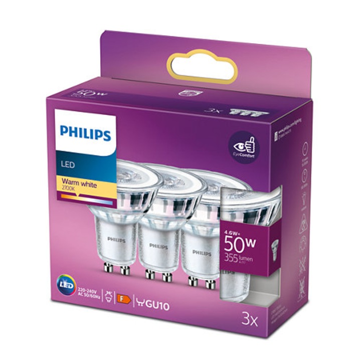 Комплект от 3 LED спот крушки Philips Classic, GU10, 4.6W (50W), 355 лумена, Топла бяла светлина (2700K), Енергиен клас F
