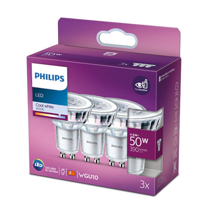 Комплект от 3 LED спот крушки Philips Classic, GU10, 4.6W (50W), 390 лумена, Студена бяла светлина (4000K), Енергиен клас F