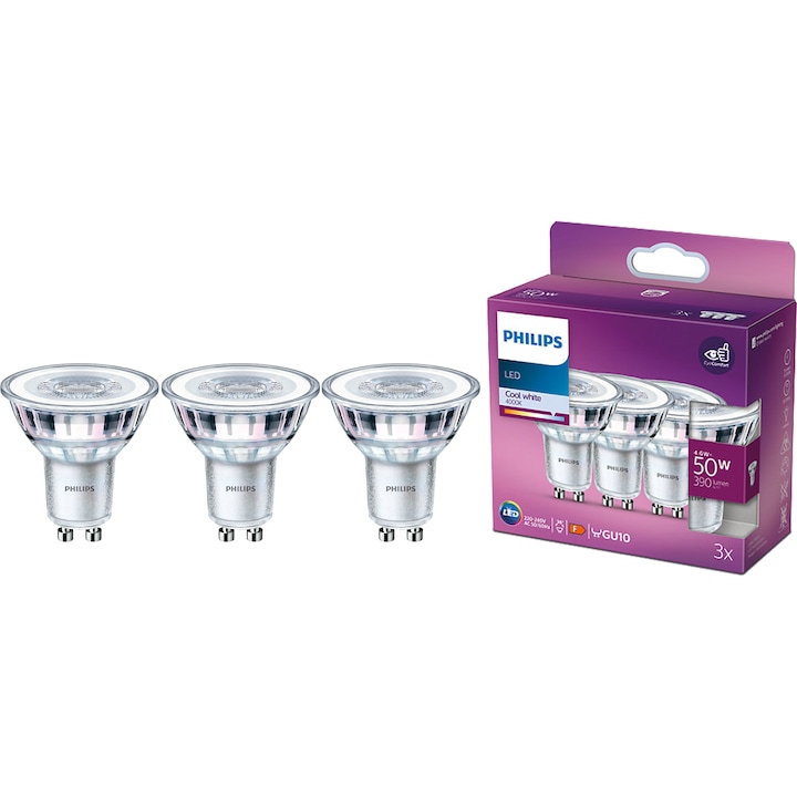 Pachet 3 becuri LED spot Philips Classic, GU10, 4.6W (50W), 390 lm, lumina alba rece (4000K), clasa energetica F