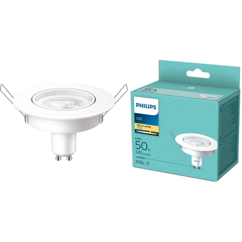 Bec LED spot Philips, GU10, 4.7W (50W), 345 lm, lumina alba calda (2700K), 9cm, clasa energetica F